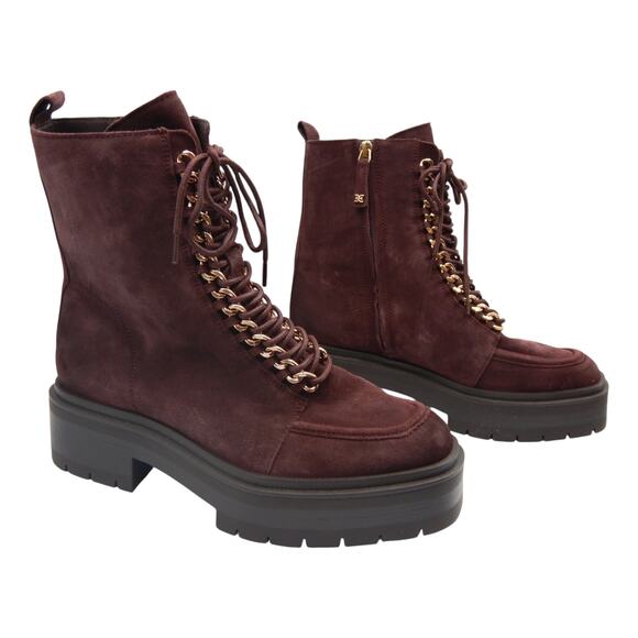 Sam Edelman Lovrin Suede Chain Lace Up Chunky Combat Platform Boots Burgundy 8M - Picture 1 of 9